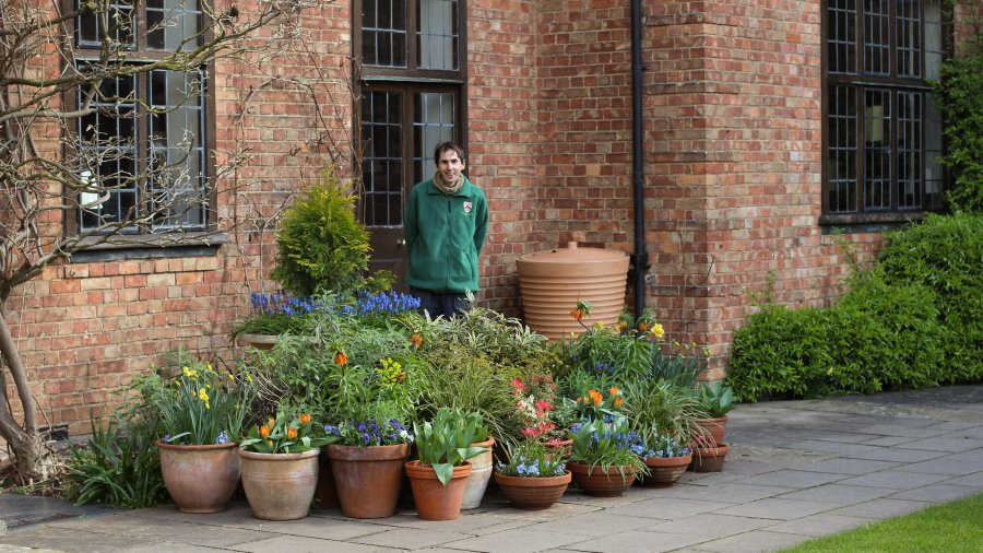 Gardener Philip De Luca stands next to the pot display outside Bredon House, at Ǻ, Cambridge