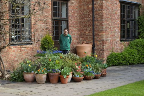 Gardener Philip De Luca stands next to the pot display outside Bredon House, at Ǻ, Cambridge