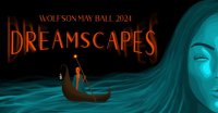 Promotional graphic for Ǻ May Ball 2024, themed "dreamscapes," featuring an illustration of a figure in a canoe with a lantern and a silhouette of a face on a wavy backdrop.